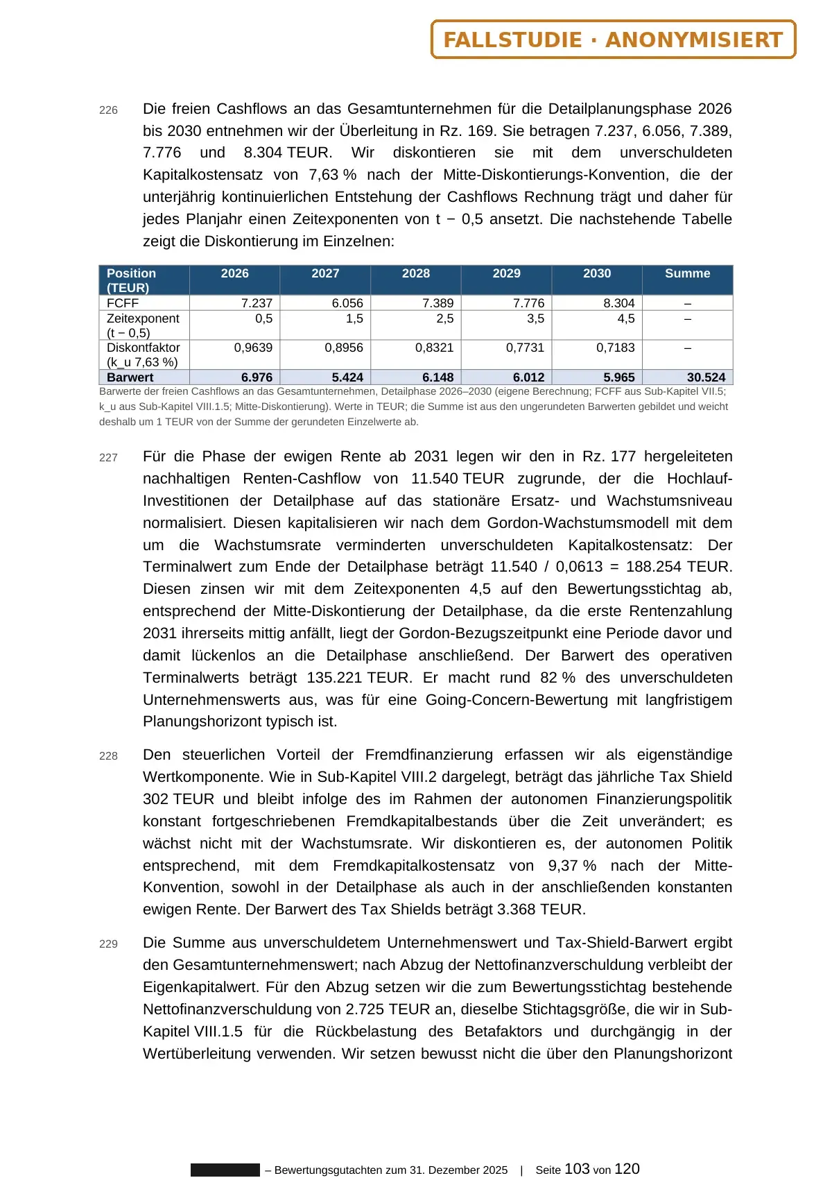 Gutachten-Auszug: Diskontierung der freien Cashflows und Endwert im DCF-Verfahren